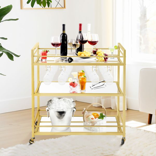 Bar Cart Wine Rack Drinks Trolley Glass Holder Gold Bottle Storage Liquor Shelf Serving With Wheels Party Kitchen