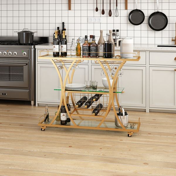 Bar Cart Wine Rack Drinks Bar Trolley Glass Holder Gold Cart Serving Glass Shelves Metal Frame Mobile Home