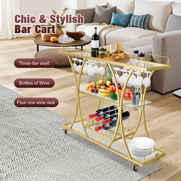 Bar Cart Wine Rack Drinks Bar Trolley Glass Holder Gold Cart Serving Glass Shelves Metal Frame Mobile Home