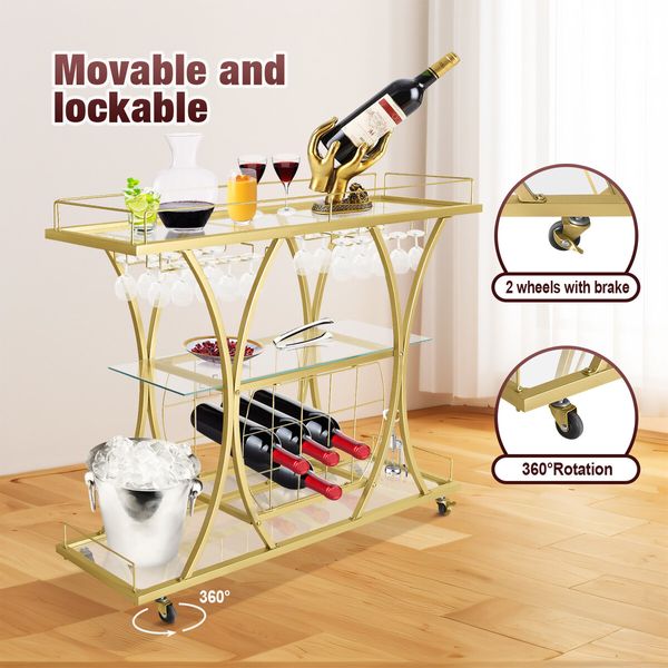 Bar Cart Wine Rack Drinks Bar Trolley Glass Holder Gold Cart Serving Glass Shelves Metal Frame Mobile Home