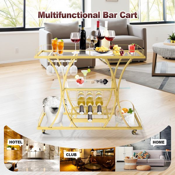 Bar Cart Wine Rack Drinks Bar Trolley Glass Holder Gold Cart Serving Glass Shelves Metal Frame Mobile Home