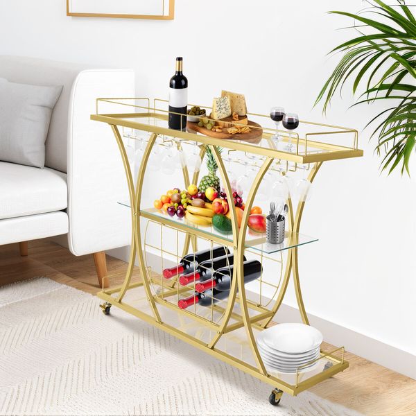 Bar Cart Wine Rack Drinks Bar Trolley Glass Holder Gold Cart Serving Glass Shelves Metal Frame Mobile Home