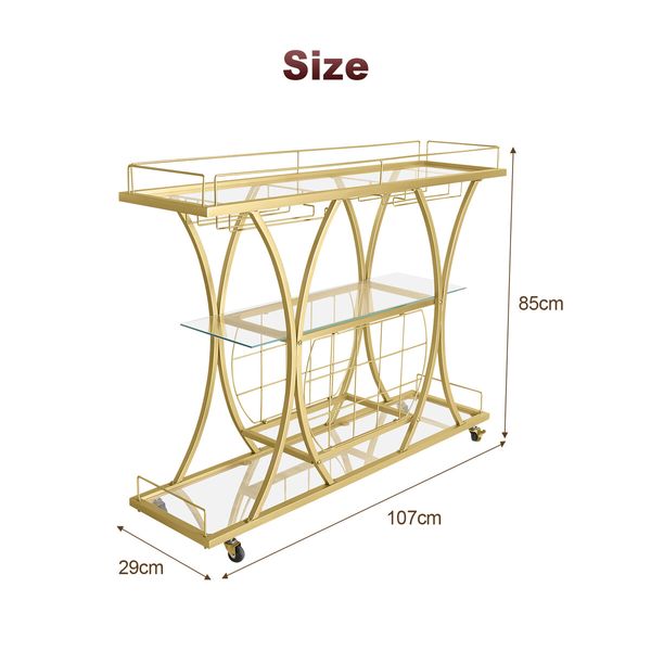 Bar Cart Wine Rack Drinks Bar Trolley Glass Holder Gold Cart Serving Glass Shelves Metal Frame Mobile Home