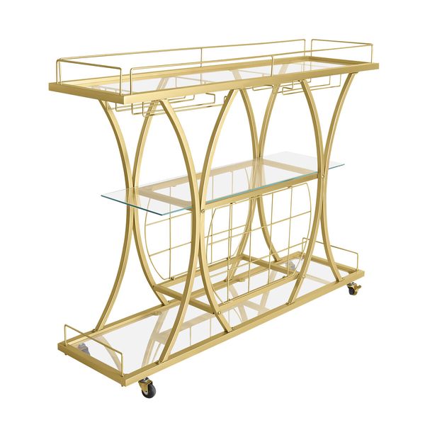 Bar Cart Wine Rack Drinks Bar Trolley Glass Holder Gold Cart Serving Glass Shelves Metal Frame Mobile Home