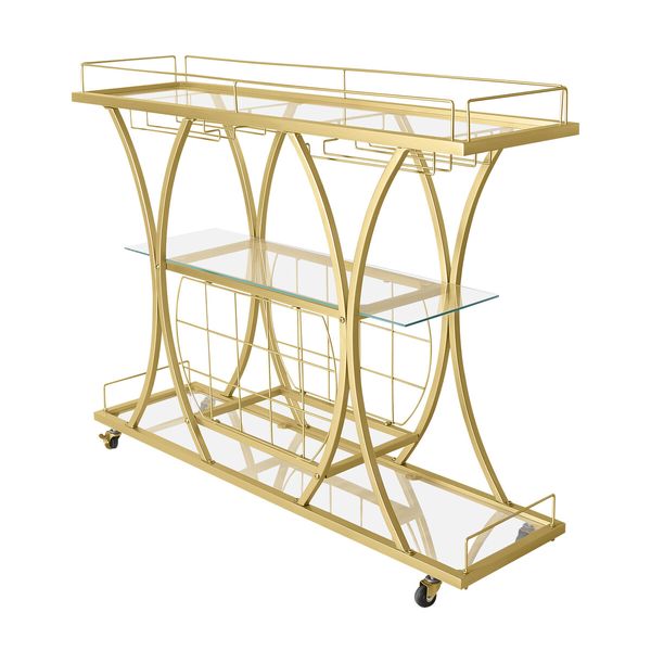 Bar Cart Wine Rack Drinks Bar Trolley Glass Holder Gold Cart Serving Glass Shelves Metal Frame Mobile Home