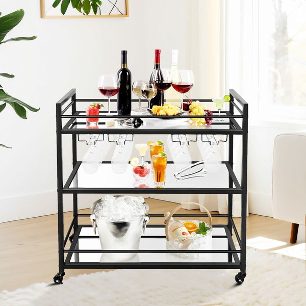 Bar Cart Wine Rack Drinks Trolley Glass Holder Bottle Storage Liquor Shelf Serving With Wheels Party Kitchen Black