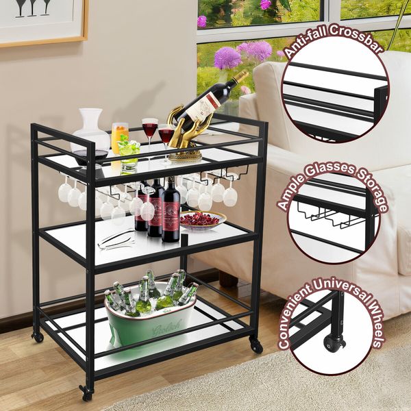 Bar Cart Wine Rack Drinks Trolley Glass Holder Bottle Storage Liquor Shelf Serving With Wheels Party Kitchen Black