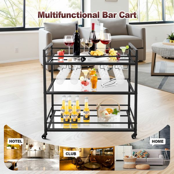 Bar Cart Wine Rack Drinks Trolley Glass Holder Bottle Storage Liquor Shelf Serving With Wheels Party Kitchen Black