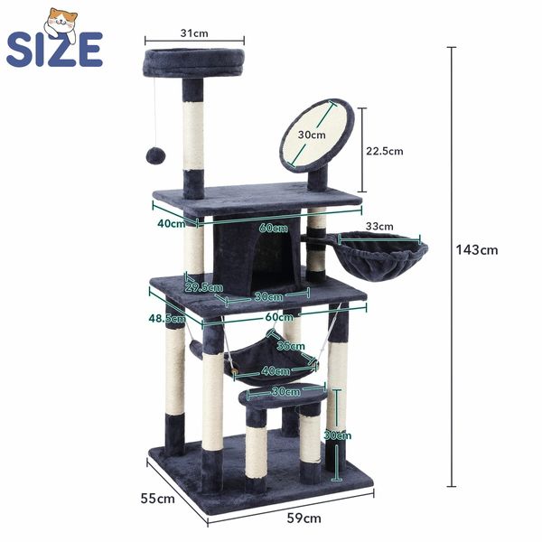 143cm Cat Tree Tower House Scratching Post Scratcher Furniture Stand Pole Cave Condo Climbing Play Castle Frame Gym Hammock