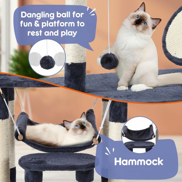 143cm Cat Tree Tower House Scratching Post Scratcher Furniture Stand Pole Cave Condo Climbing Play Castle Frame Gym Hammock