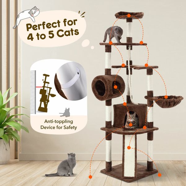 189cm Cat Tree Tower Stand House Scratching Post Scratcher Furniture Pole Cave Condo Climbing Play Gym Frame Castle Hammock