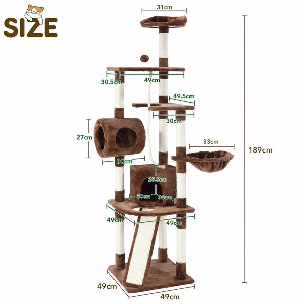 189cm Cat Tree Tower Stand House Scratching Post Scratcher Furniture Pole Cave Condo Climbing Play Gym Frame Castle Hammock