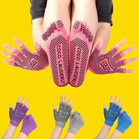 Portable Yoga Glove Sock Set Sweat-absorbing Non Slip Sports Five-toed Socks High Quality Half Finger Gloves Color Red