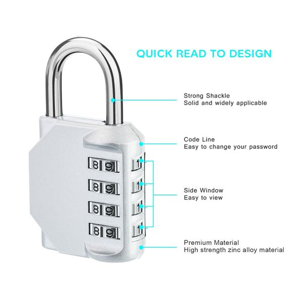 Combination Lock,4 Digit Combination Padlock Outdoor,School Lock,Gym Lock (Silver)