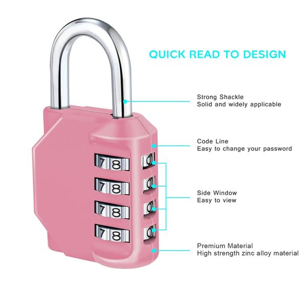 Combination Lock,4 Digit Combination Padlock Outdoor,School Lock,Gym Lock (Pink)