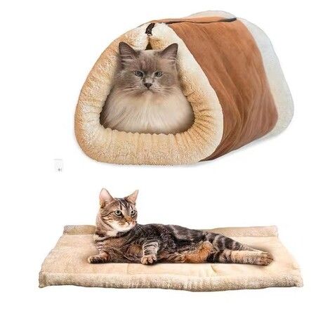 Cat Bed 2-in-1 Fleece Tunnel Tube Cave- Best for Indoor Cats Kitten Pet Self Warming Igloo Covered Mat Pad