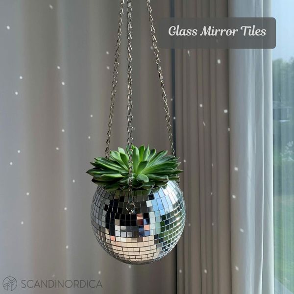 Disco Ball Plant Hanger, Mirrorball Disco Planter with Chain and Macrame Hanger, Hanging Planters for Indoor Plants 15cm Silver