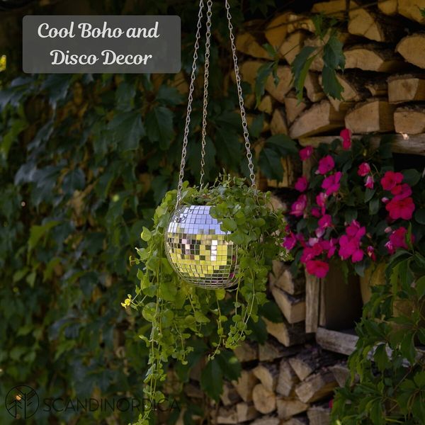 Disco Ball Plant Hanger, Mirrorball Disco Planter with Chain and Macrame Hanger, Hanging Planters for Indoor Plants 15cm Silver