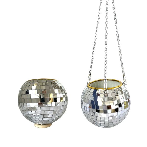 Disco Ball Plant Hanger, Mirrorball Disco Planter with Chain and Macrame Hanger, Hanging Planters for Indoor Plants 15cm Silver