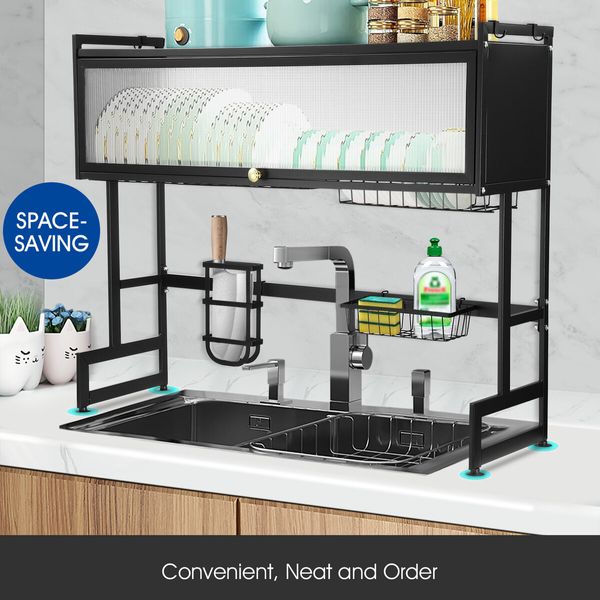 Dish Drying Rack Holder Drain Caddy Kitchen Drainer Cutlery Utensil Storage Over Sink Organiser Enclosed With Door 95cm