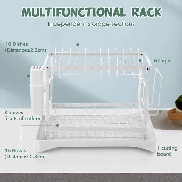 Dish Drying Rack 2 Tier Plate Over Sink Drainer Cutlery Utensil Holder Kitchen Organiser Storage Shelf Auto Drainage