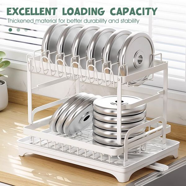 Dish Drying Rack 2 Tier Plate Over Sink Drainer Cutlery Utensil Holder Kitchen Organiser Storage Shelf Auto Drainage