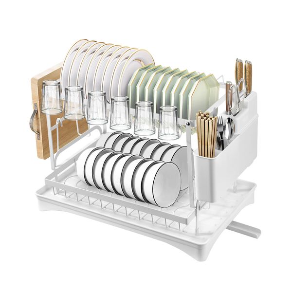 Dish Drying Rack 2 Tier Plate Over Sink Drainer Cutlery Utensil Holder Kitchen Organiser Storage Shelf Auto Drainage