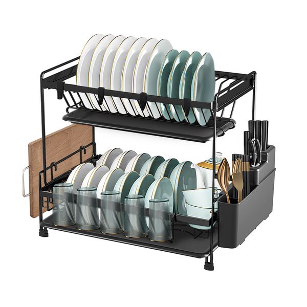 Dish Drying Rack Drainer Kitchen Organiser Plate Cutlery Holder Storage 2 Tier Utensil Shelf with Drip Trays