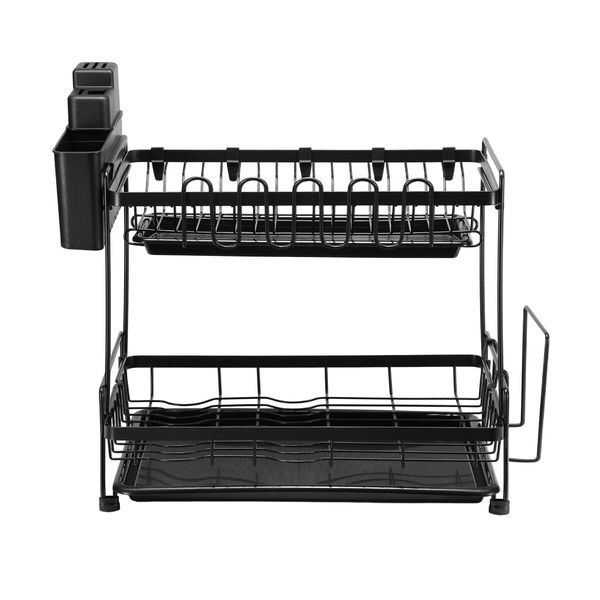 Dish Drying Rack Drainer Kitchen Organiser Plate Cutlery Holder Storage 2 Tier Utensil Shelf with Drip Trays