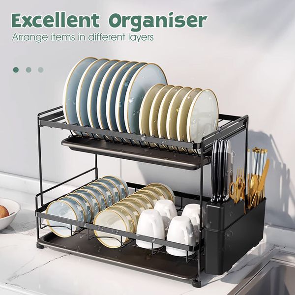 Dish Drying Rack Drainer Kitchen Organiser Plate Cutlery Holder Storage 2 Tier Utensil Shelf with Drip Trays