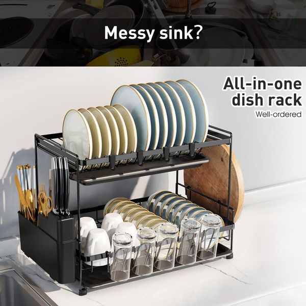 Dish Drying Rack Drainer Kitchen Organiser Plate Cutlery Holder Storage 2 Tier Utensil Shelf with Drip Trays