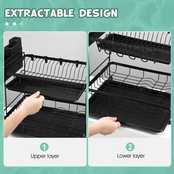 Dish Drying Rack Drainer Kitchen Organiser Plate Cutlery Holder Storage 2 Tier Utensil Shelf with Drip Trays