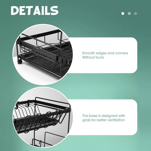 Dish Drying Rack Drainer Kitchen Organiser Plate Cutlery Holder Storage 2 Tier Utensil Shelf with Drip Trays