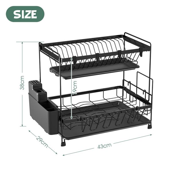 Dish Drying Rack Drainer Kitchen Organiser Plate Cutlery Holder Storage 2 Tier Utensil Shelf with Drip Trays