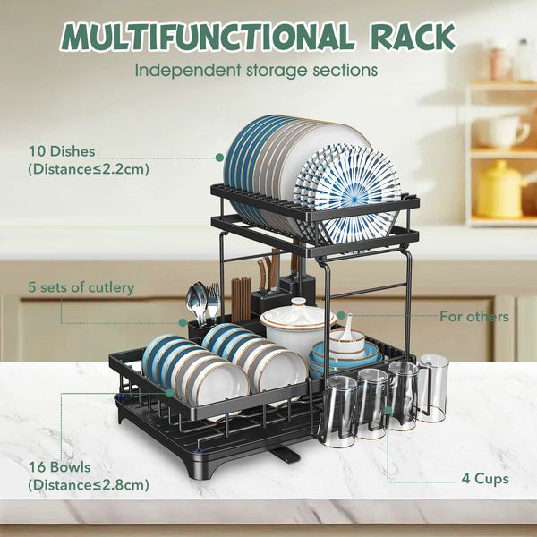 Dish Drying Rack Drainer Cup Plate Holder Cutlery Storage Tray Kitchen Organiser 2 Tier Shelf Auto Drainage