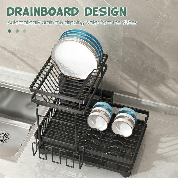 Dish Drying Rack Drainer Cup Plate Holder Cutlery Storage Tray Kitchen Organiser 2 Tier Shelf Auto Drainage