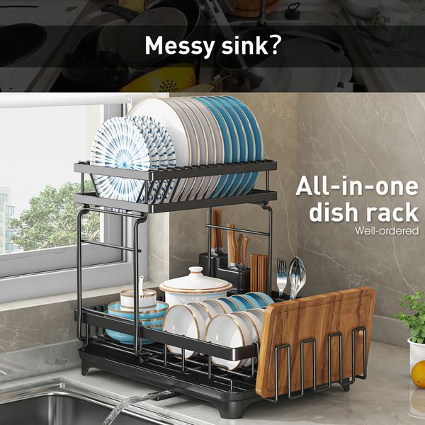 Dish Drying Rack Drainer Cup Plate Holder Cutlery Storage Tray Kitchen Organiser 2 Tier Shelf Auto Drainage