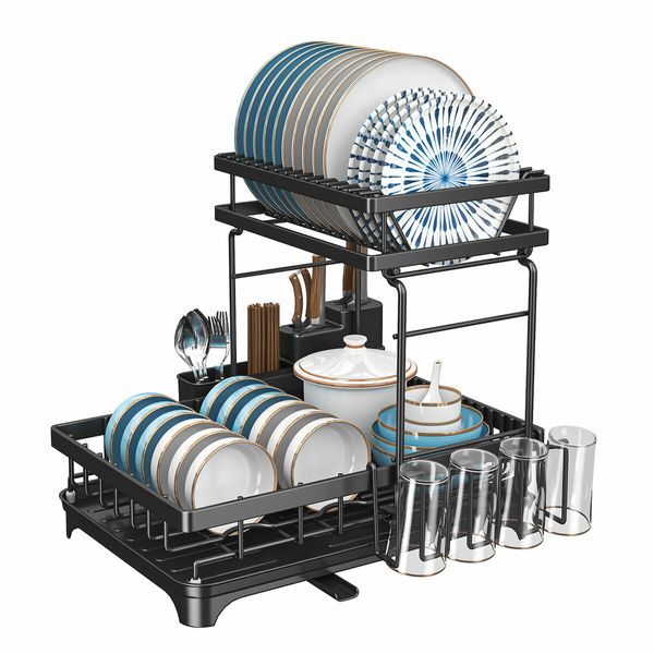 Dish Drying Rack Drainer Cup Plate Holder Cutlery Storage Tray Kitchen Organiser 2 Tier Shelf Auto Drainage