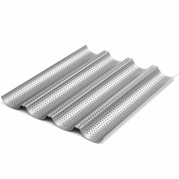 2 Pack Nonstick Perforated Baguette Pan 15" x 13" for French Bread Baking 4 Wave Loaves Loaf Bake Mold Oven Toaster Pan (Silver)