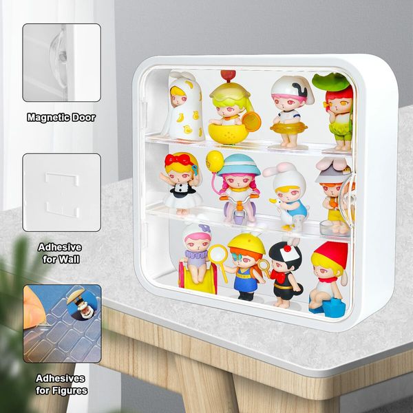 Display Case for Figures Clear Acrylic Organizer with Magnetic Door Wall-Mounted 3-Tiers for Pop Mart Blind