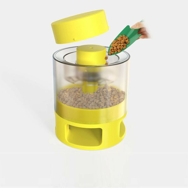 Automatic Dog Feeder, Dog Cat Food Dispenser with Interactive Button Puzzle Trigger Pet Toys Dispensing,  Great for Portion Control and Quick Eaters Color Yellow