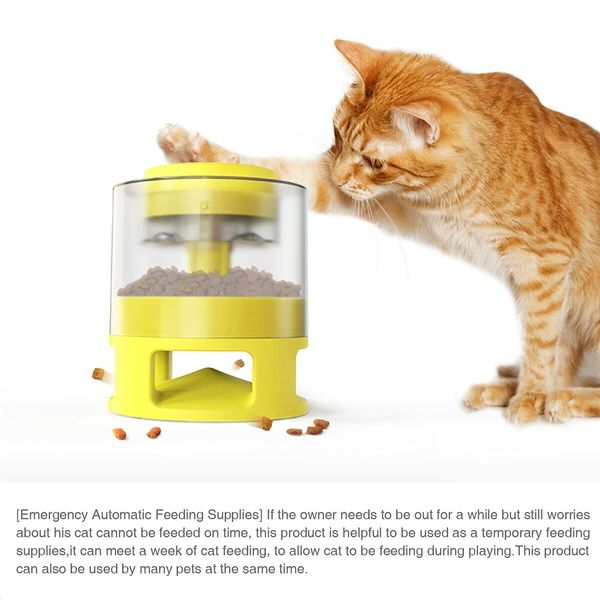 Automatic Dog Feeder, Dog Cat Food Dispenser with Interactive Button Puzzle Trigger Pet Toys Dispensing,  Great for Portion Control and Quick Eaters Color Yellow