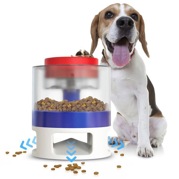 Automatic Dog Feeder, Dog Cat Food Dispenser with Interactive Button Puzzle Trigger Pet Toys Dispensing,  Great for Portion Control and Quick Eaters Color Red And Blue