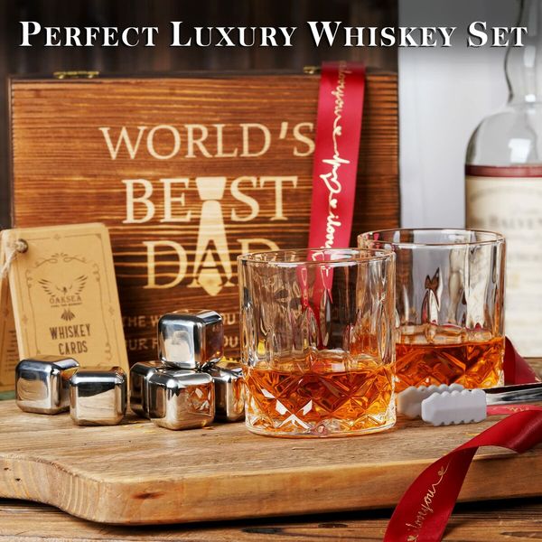 Fathers Day Birthday Gifts for Dad Men from Daughter Son Wife,Anniversary Unique Gifts for Him,Stainless Steel Engraved Worlds Best Dad Whiskey Stones Glasses Set,Cool Bourbon Set