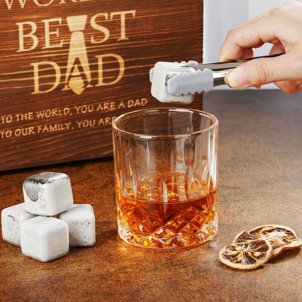 Fathers Day Birthday Gifts for Dad Men from Daughter Son Wife,Anniversary Unique Gifts for Him,Stainless Steel Engraved Worlds Best Dad Whiskey Stones Glasses Set,Cool Bourbon Set