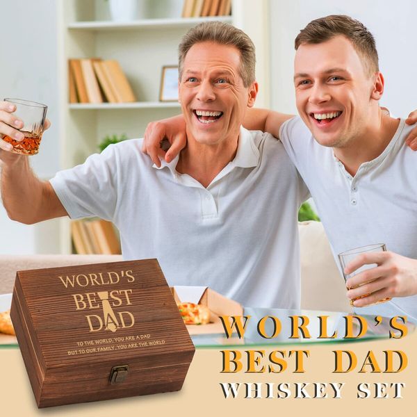 Fathers Day Birthday Gifts for Dad Men from Daughter Son Wife,Anniversary Unique Gifts for Him,Stainless Steel Engraved Worlds Best Dad Whiskey Stones Glasses Set,Cool Bourbon Set