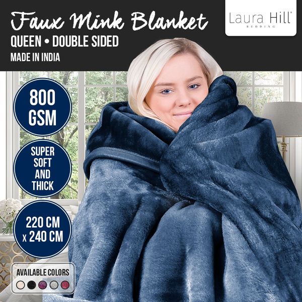 Laura Hill Faux Mink Blanket 800GSM Heavy Double-Sided - Navy Blue