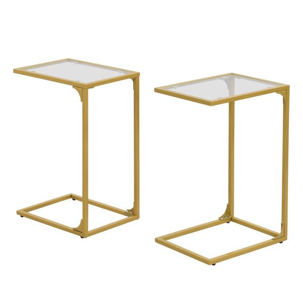 IHOMDEC Tempered Glass with Metal Frame C-Shaped End Side Table Set of 2 Golden