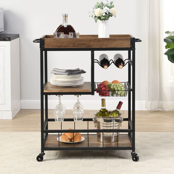 IHOMDEC Industrial 3-Tier Bar Cart Trolley with Glass & Wine Holder Rustic Brown