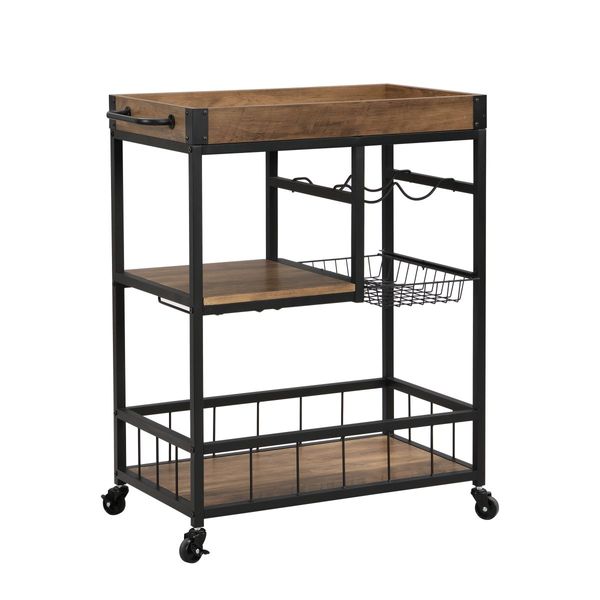 IHOMDEC Industrial 3-Tier Bar Cart Trolley with Glass & Wine Holder Rustic Brown